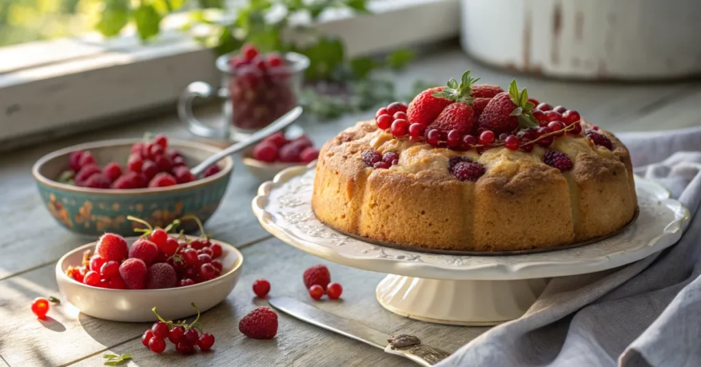 Golden-brown yeast cake topped with fresh red johannisberries, landscape format, professional bakery photography, appetizing