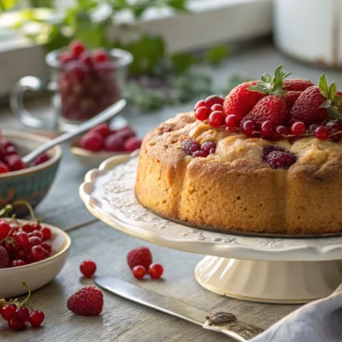 Golden-brown yeast cake topped with fresh red johannisberries, landscape format, professional bakery photography, appetizing