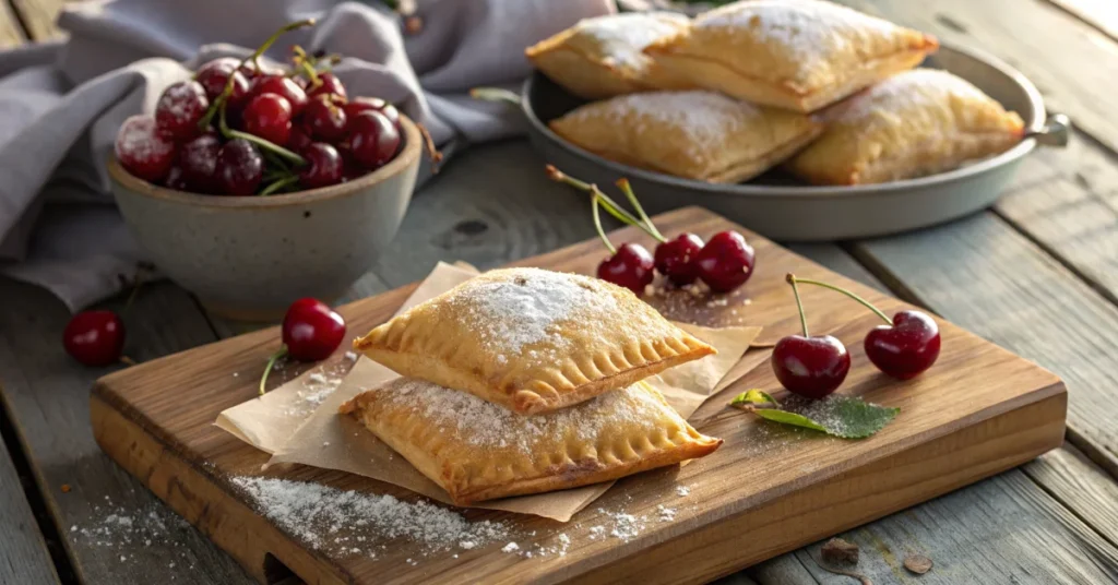 Golden crispy puff pastry cherry pockets dusted with powdered sugar, freshly baked, on a rustic wooden table with fresh cherr