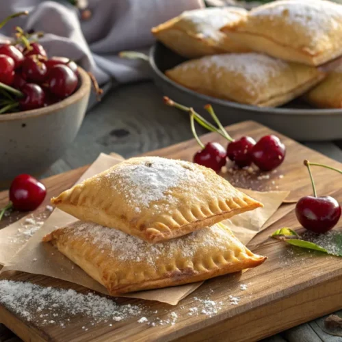 Golden crispy puff pastry cherry pockets dusted with powdered sugar, freshly baked, on a rustic wooden table with fresh cherr