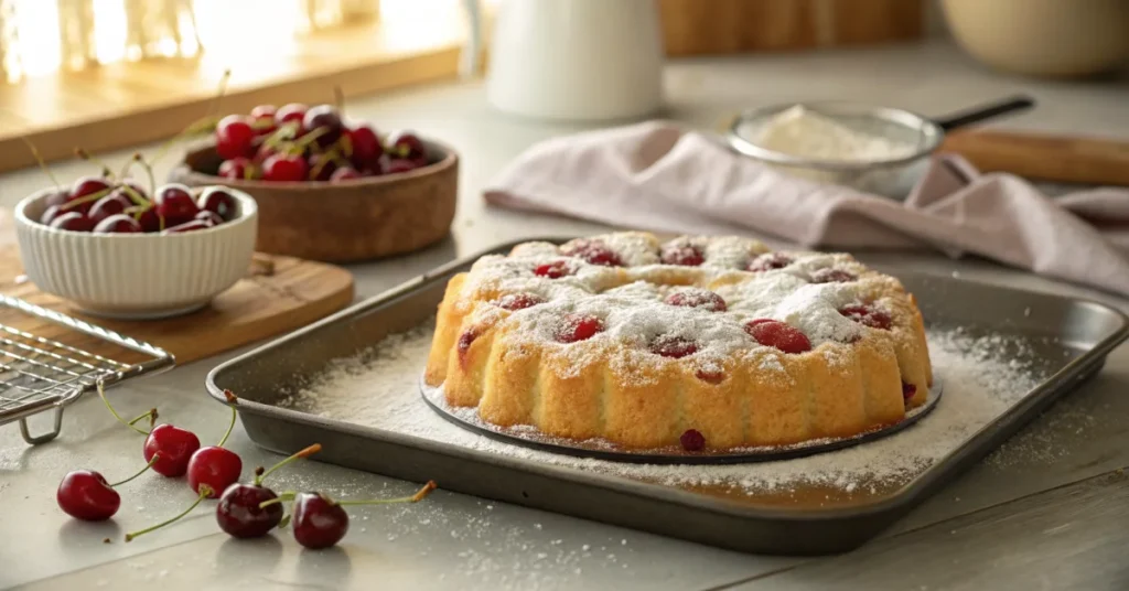 Golden fluffy cherry cake on a baking sheet, freshly baked with red sour cherries visible, dusted with powdered sugar, warm s