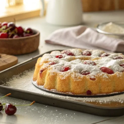 Golden fluffy cherry cake on a baking sheet, freshly baked with red sour cherries visible, dusted with powdered sugar, warm s