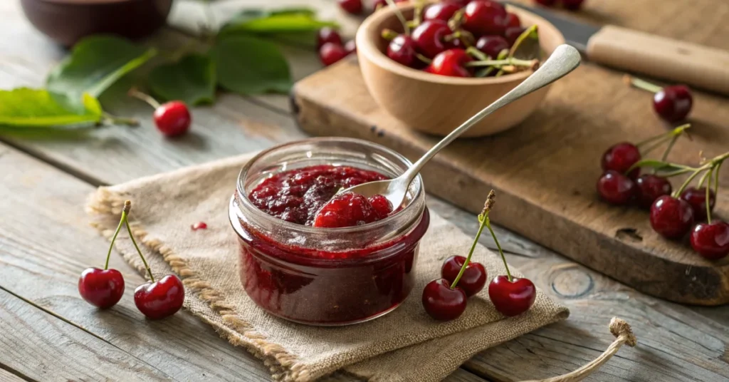 Gorgeous homemade cherry jam in glass jar with spoon, fresh cherries scattered around, warm sunlight, rustic wooden table, vi