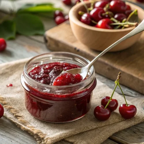 Gorgeous homemade cherry jam in glass jar with spoon, fresh cherries scattered around, warm sunlight, rustic wooden table, vi