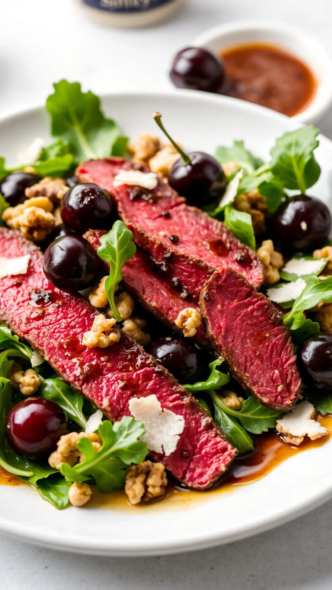 Gourmet salad with tender sliced beef, fresh cherries, walnuts, rucola leaves, balsamic vinegar dressing, parmesan shavings,