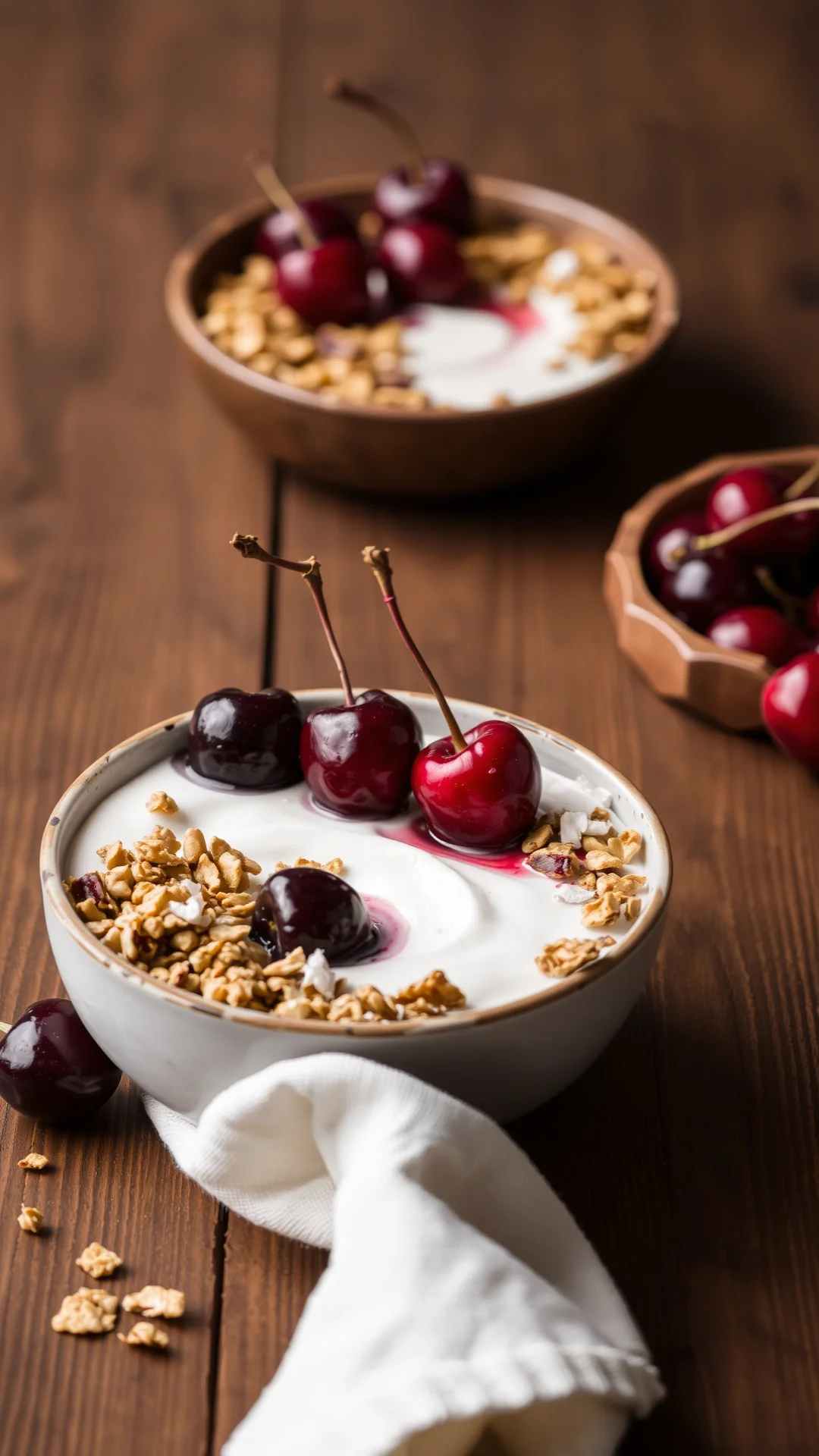 Greek yogurt bowl with fresh cherries, granola, walnuts and coconut flakes on wooden table
