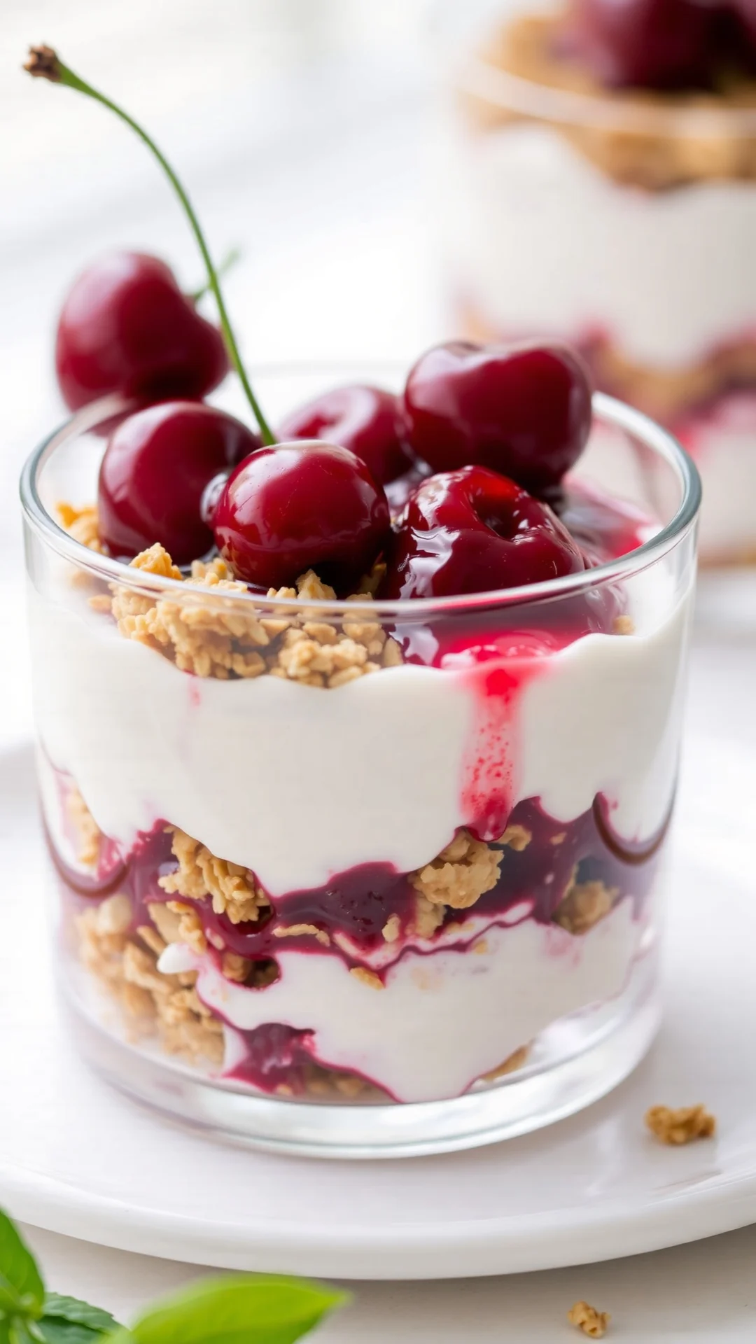 Greek yogurt layered dessert with granola and cherry compote in clear glass, vibrant red cherries, close-up shot, bright natu