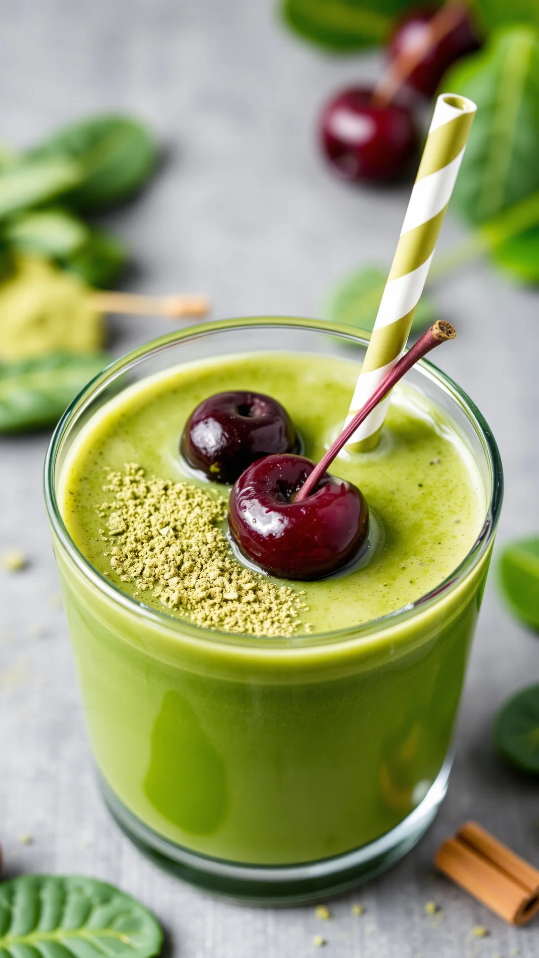 Green smoothie with cherry, spinach and matcha powder in glass, healthy detox breakfast closeup