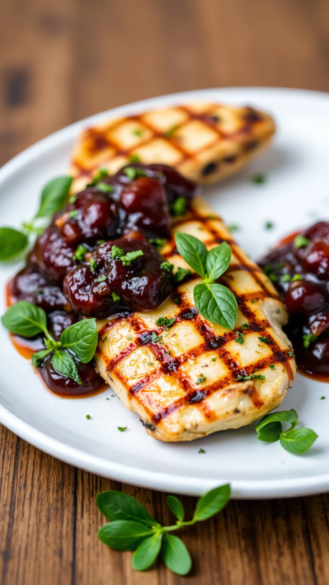 Grilled chicken breast with cherry basil chutney, charred grill marks, fresh herbs, rustic presentation on white plate
