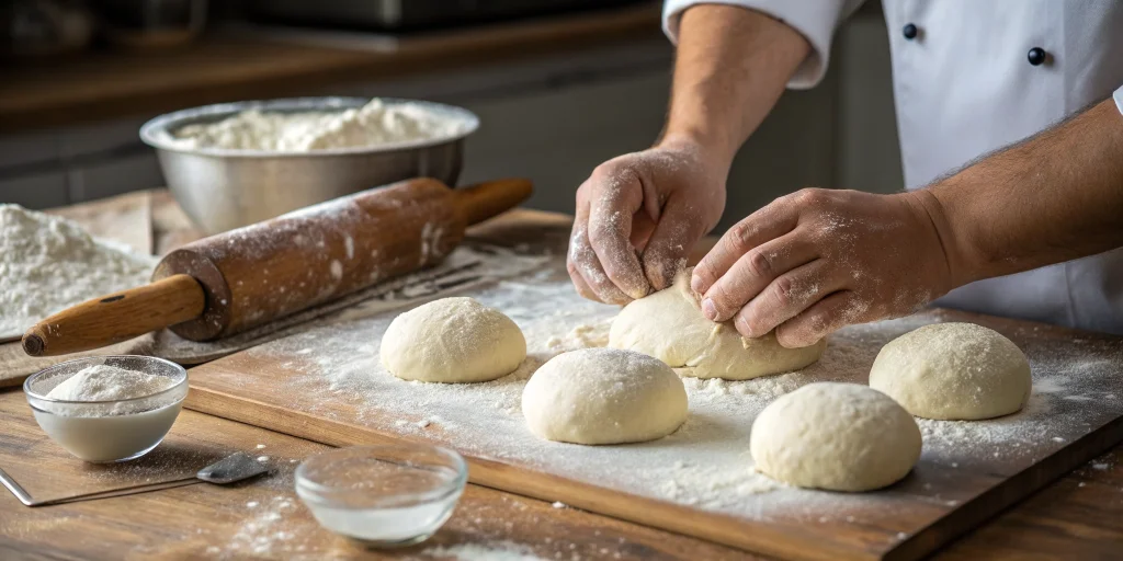 Hands shaping raw bread dough into round rolls on a floured wooden surface, process shot of making Schmandbrötchen, kitchen