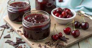 Homemade cherry chocolate jam in glass jars, rich dark red color with glossy surface, served with fresh cherries and dark cho