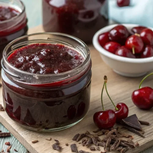 Homemade cherry chocolate jam in glass jars, rich dark red color with glossy surface, served with fresh cherries and dark cho