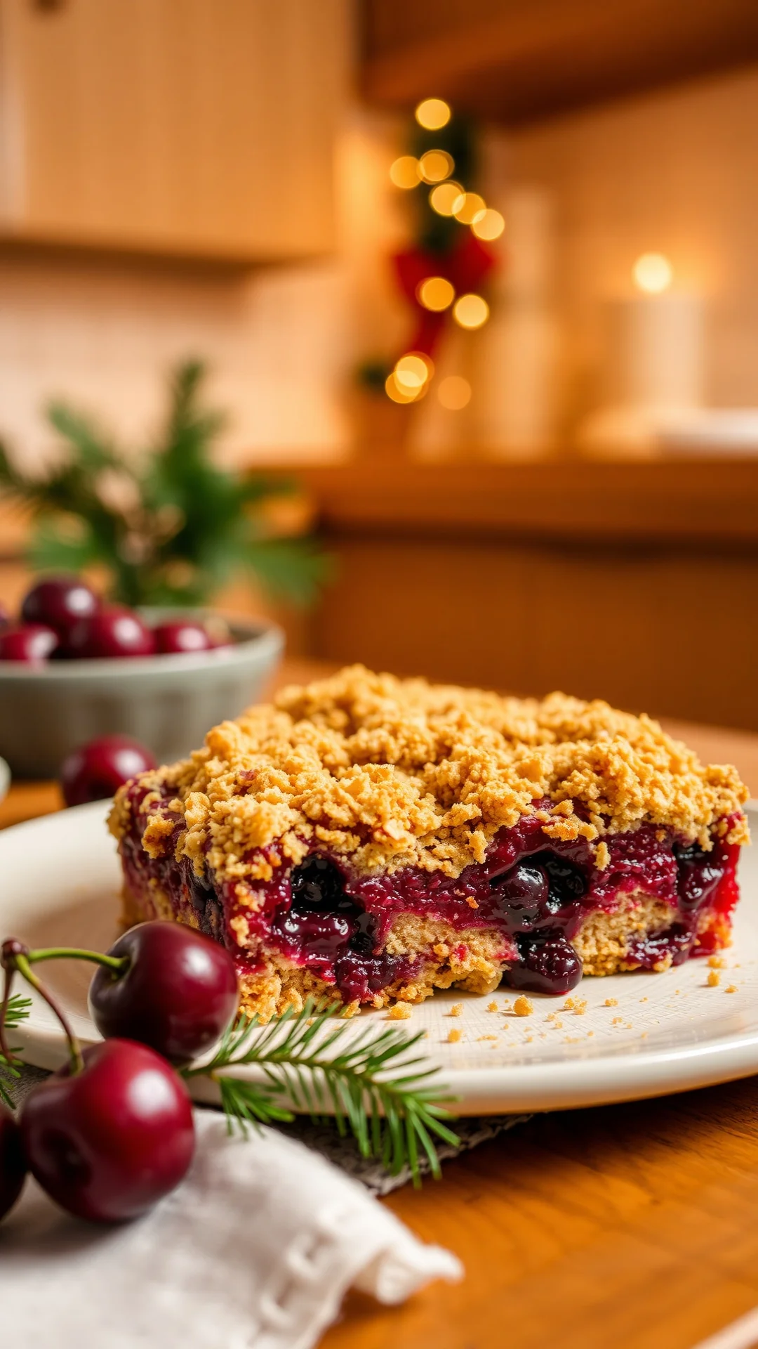 Homemade cherry crumble cake with golden streusel topping, fresh cherries visible, warm cozy kitchen lighting, Christmas deco