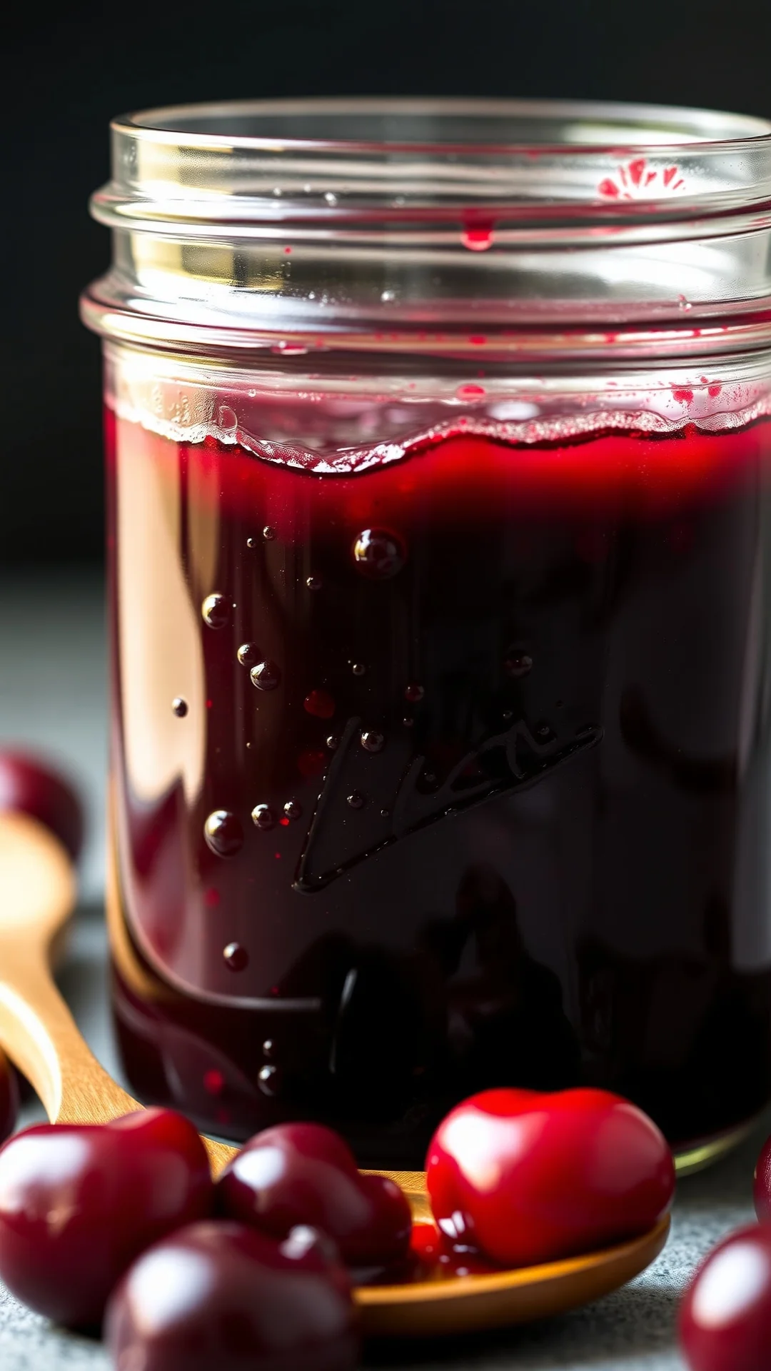 Homemade cherry jam in glass jar close-up, dark red glossy jam texture, fresh whole cherries scattered around, wooden spoon,