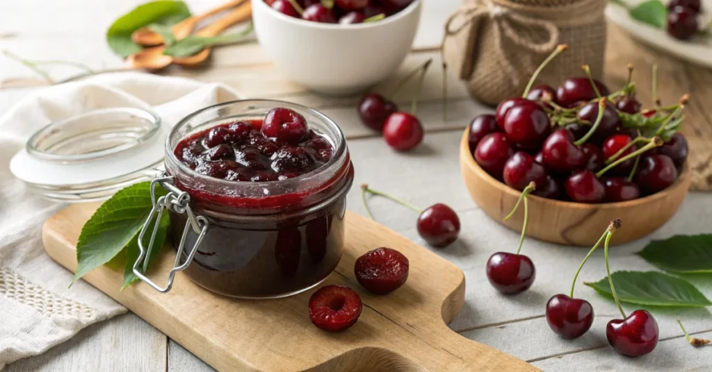 Homemade cherry jam in glass jar with fresh ripe cherries scattered around, dark red fruity marmalade, rustic kitchen setting