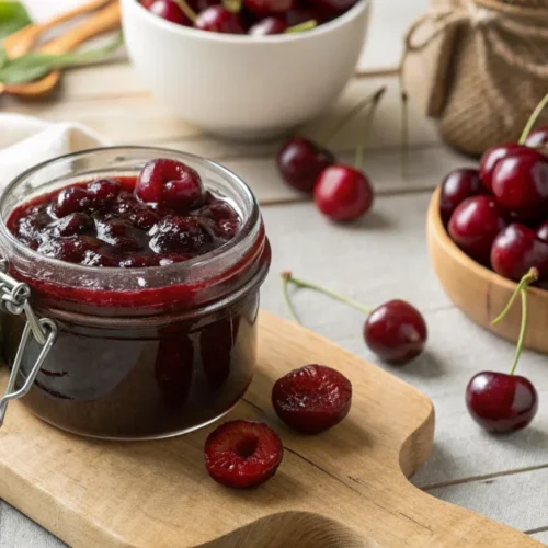 Homemade cherry jam in glass jar with fresh ripe cherries scattered around, dark red fruity marmalade, rustic kitchen setting