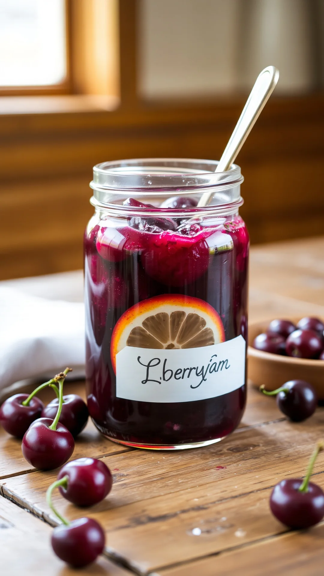 Homemade cherry jam in glass jar with frozen cherries and lemon, rustic kitchen table, warm natural lighting, artisanal feel
