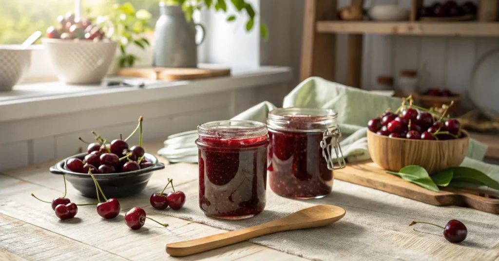 Homemade cherry jam without sugar in glass jars, fresh dark red cherries scattered around, wooden spoon, bright natural sunli