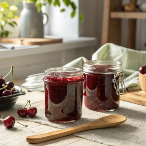 Homemade cherry jam without sugar in glass jars, fresh dark red cherries scattered around, wooden spoon, bright natural sunli