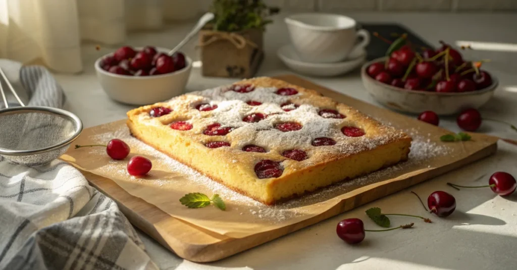 Homemade German cherry sheet cake with fresh red cherries scattered on golden sponge surface, dusted with powdered sugar, war