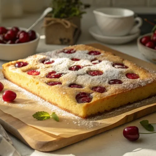 Homemade German cherry sheet cake with fresh red cherries scattered on golden sponge surface, dusted with powdered sugar, war