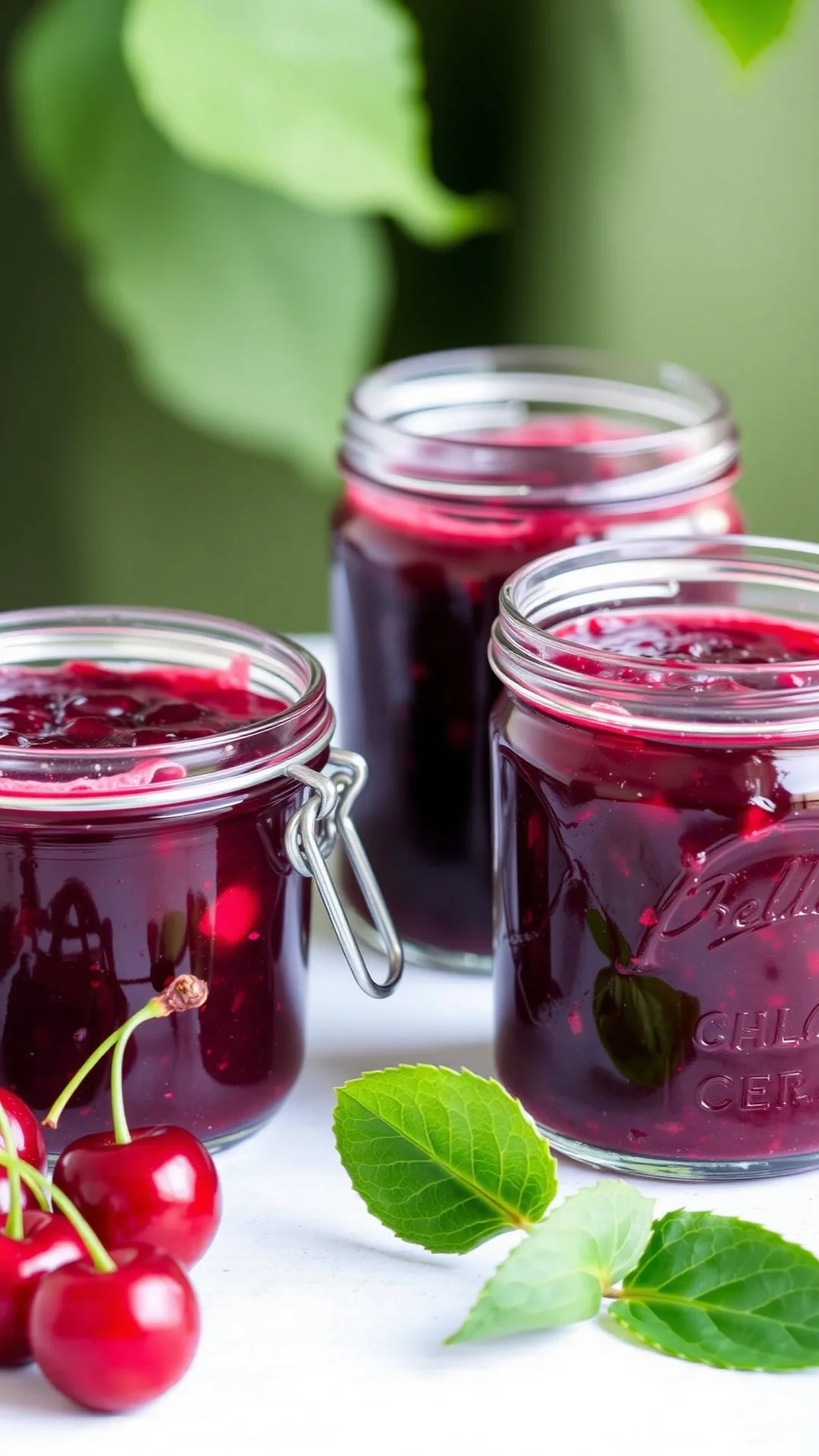 Homemade sugar-free cherry jam in glass jars, dark red preserve, fresh cherries nearby, artisan food photography