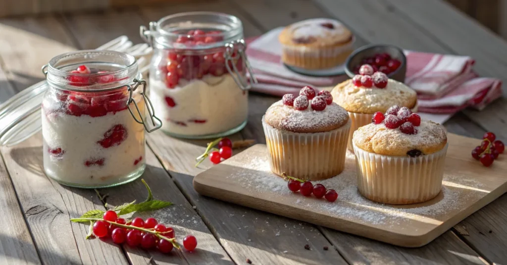 Johannisbeerkuchen Muffins and glass jars filled with fluffy vanilla cake topped with fresh red currants, dusted with powdere