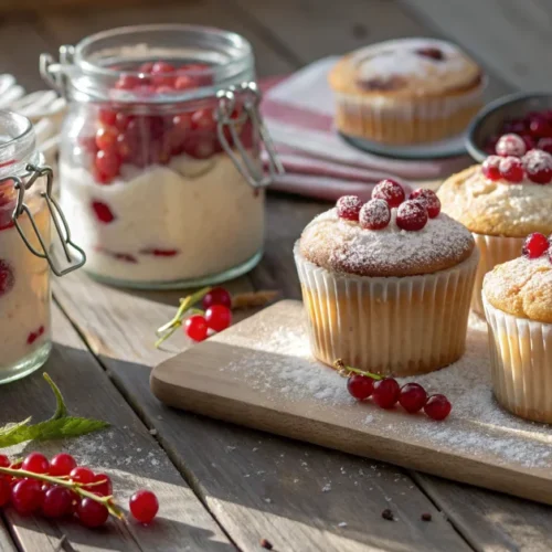 Johannisbeerkuchen Muffins and glass jars filled with fluffy vanilla cake topped with fresh red currants, dusted with powdere