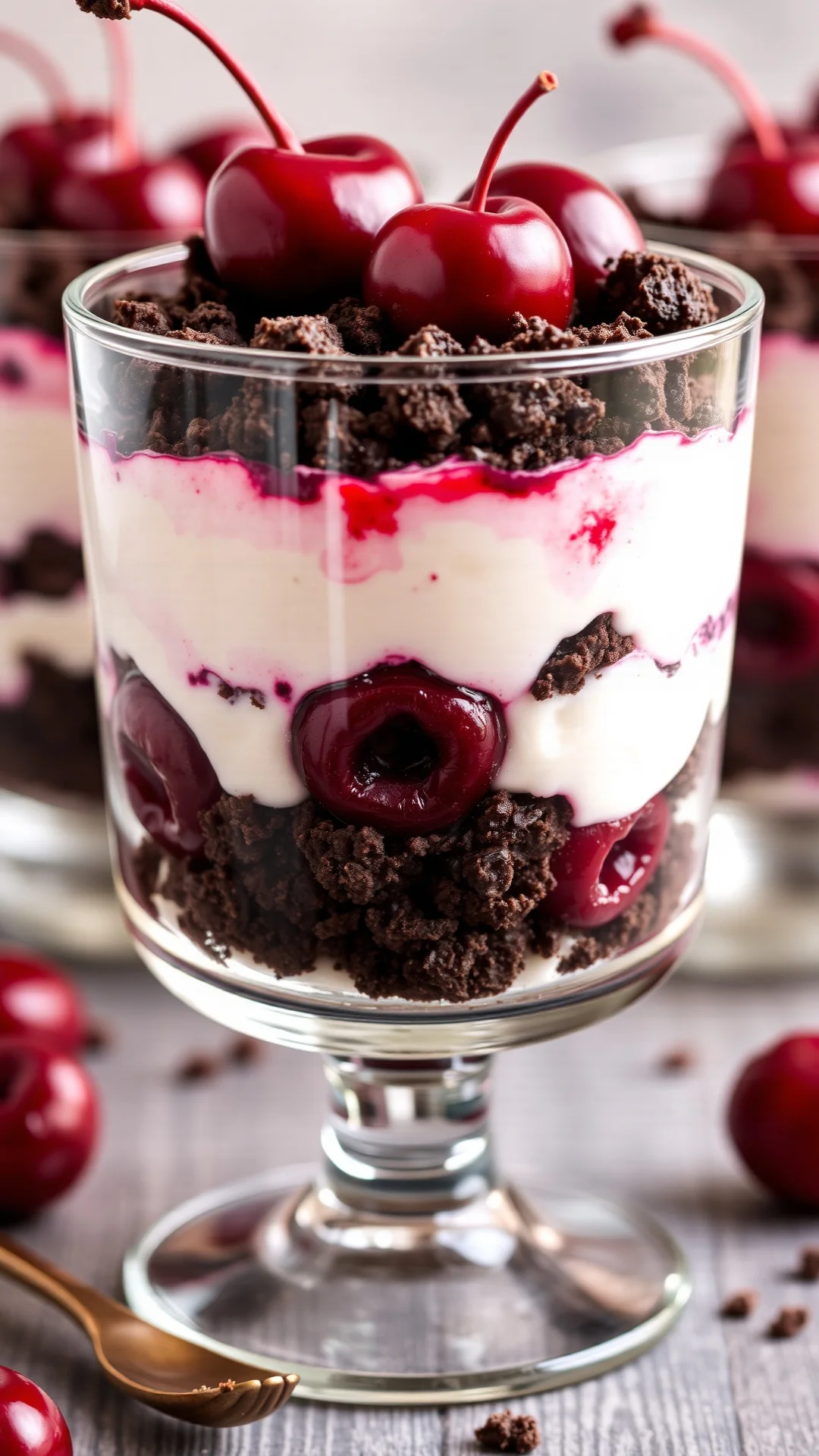 Layered cherry tiramisu in glass, alternating dark biscuit crumbles with creamy mascarpone layers and whole cherries, vertica