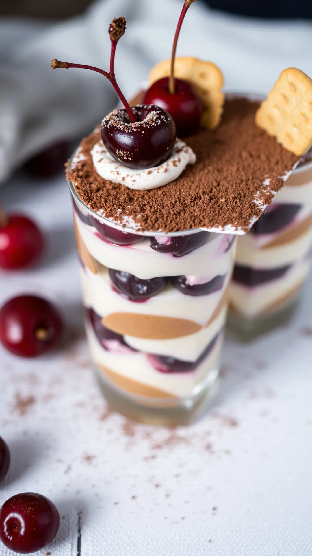 Layered tiramisu dessert with cherries, mascarpone cream, ladyfinger biscuits, cocoa powder dusting, vertical composition, de