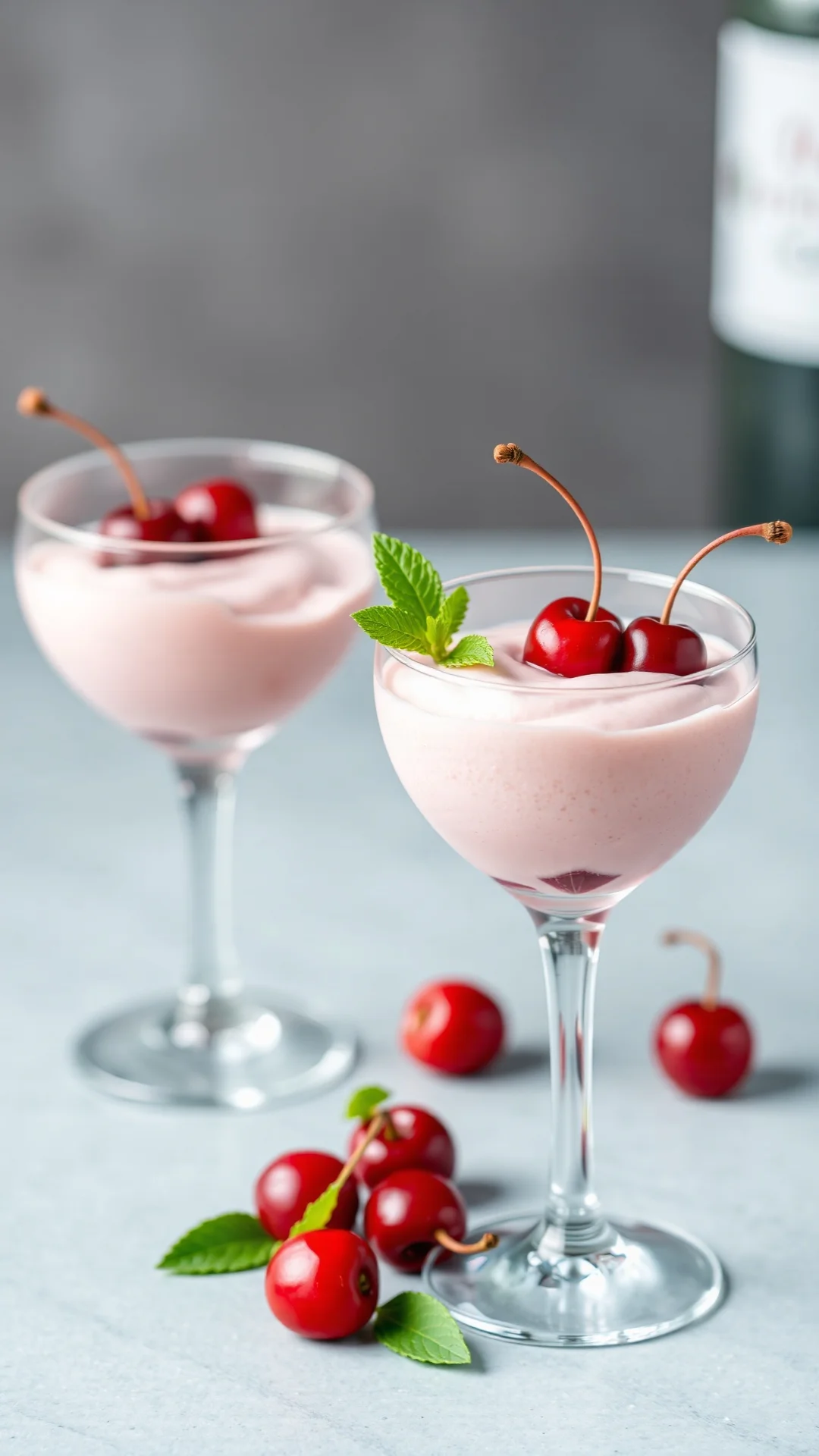 Light airy cherry glühwein mousse in elegant glass, garnished with whole cherries and mint, professional food photography st
