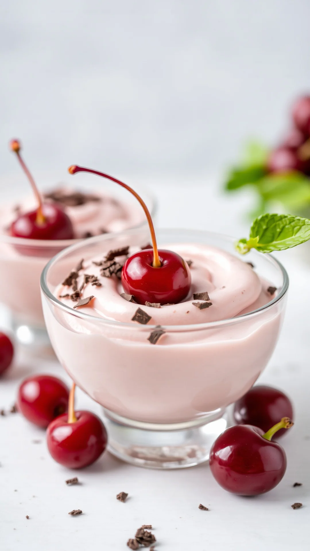 Light and airy cherry mousse topped with chocolate shavings, elegant dessert in glass bowl, garnished with fresh cherries, fi