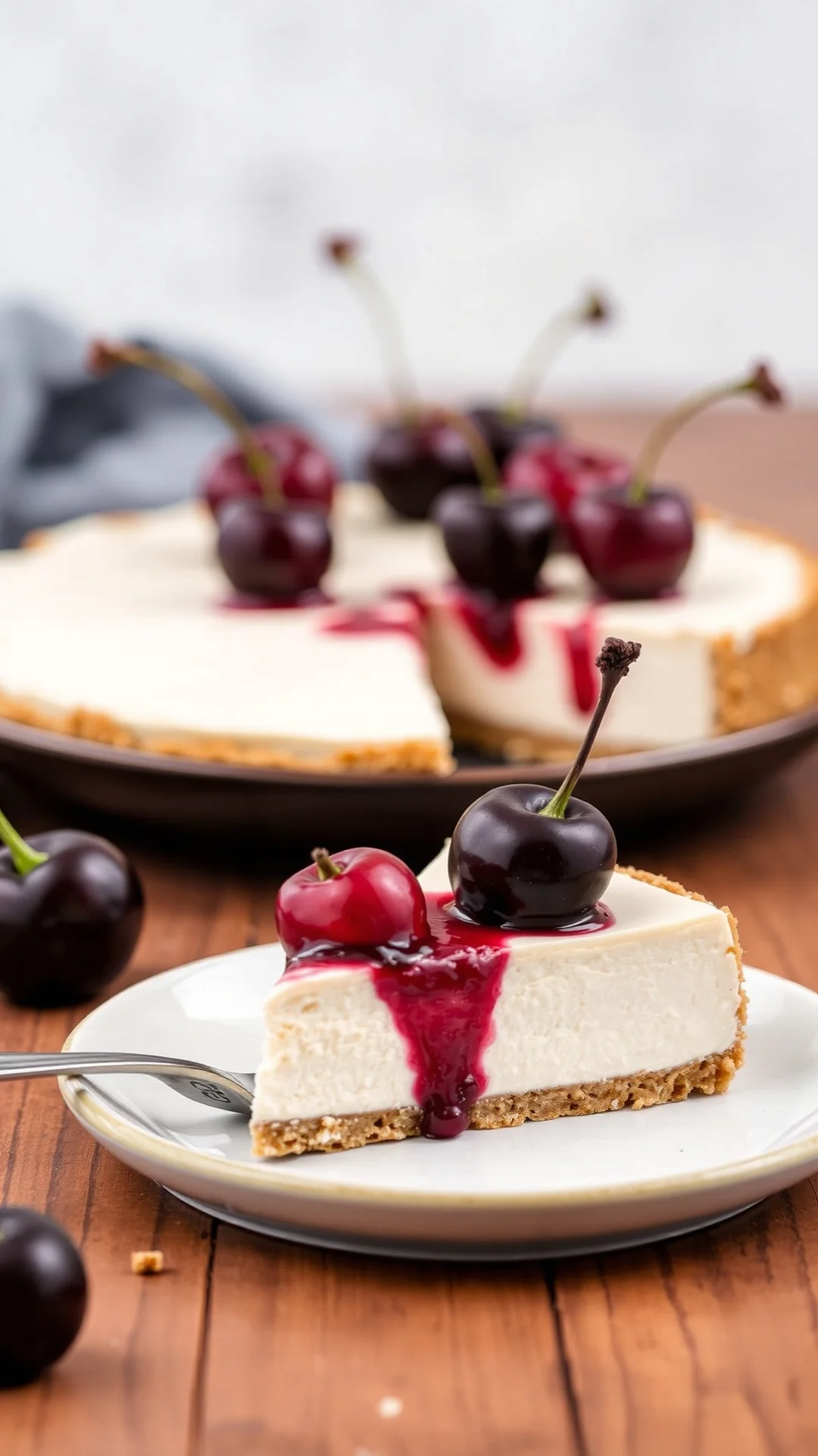 Low-carb cherry cheesecake slice with almond flour crust, fresh cherries on top, creamy texture, elegant dessert photography