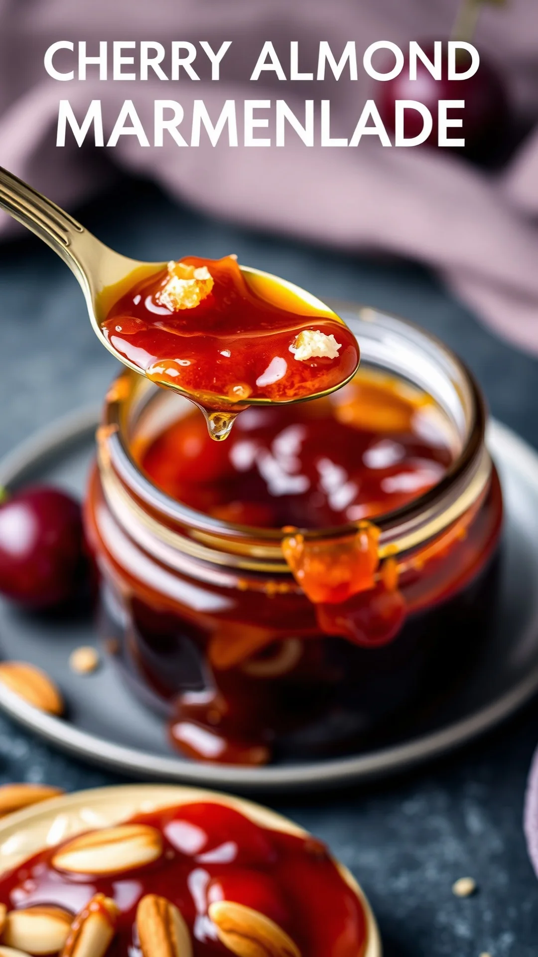 Luxurious cherry almond marmalade, golden jam with toasted almond flakes visible, spoon dripping jam, elegant table setting,