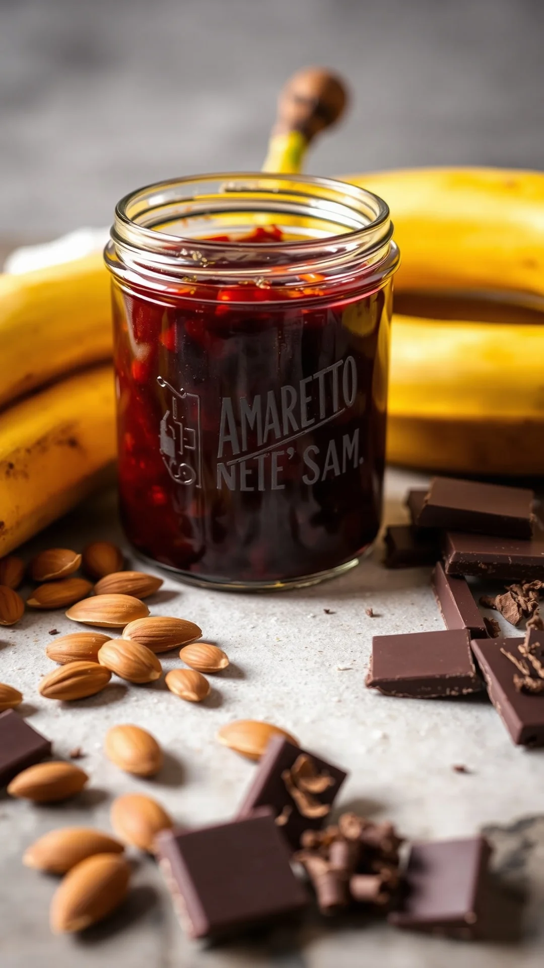 Luxury amaretto banana chocolate cherry jam, decadent preserve in glass jar, toasted almonds scattered, dark chocolate curls,