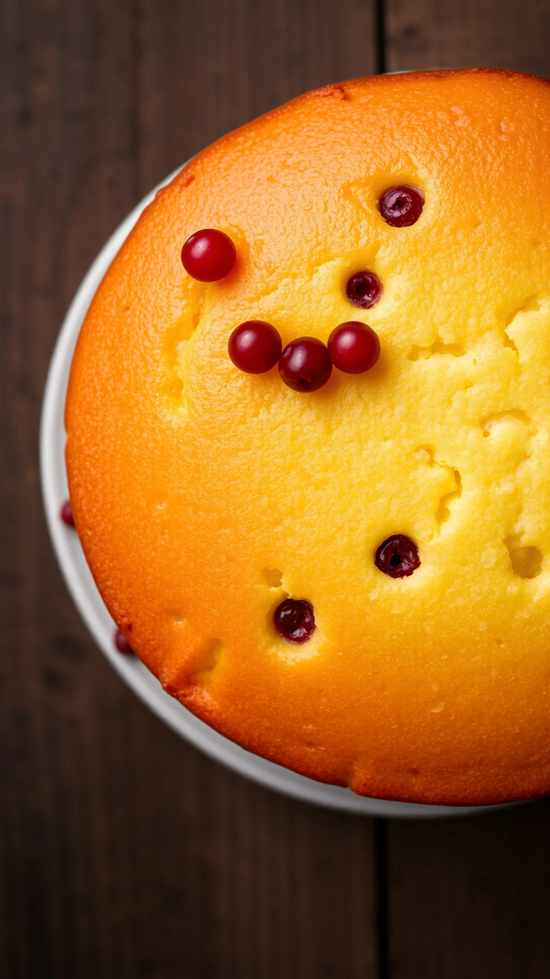 Overhead close-up of classic yellow sponge cake with fresh red currants, golden baked surface, rustic wooden table background