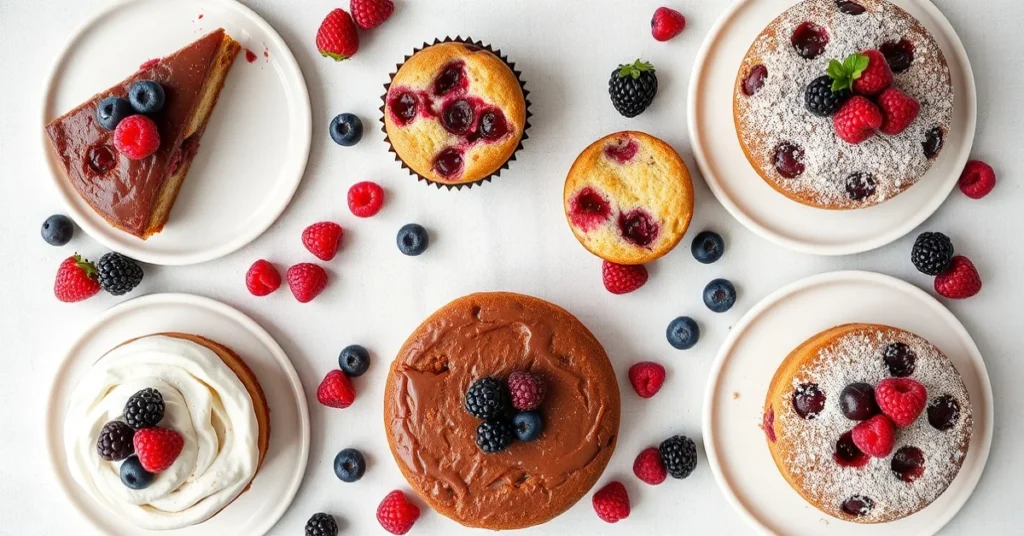 Overhead flat lay composition of five different redcurrant cakes and muffins arranged artfully, fresh and frozen berries scat