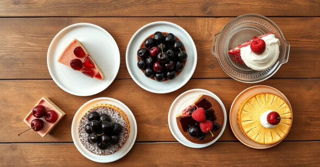Overhead flat lay of five different cherry desserts and cakes arranged on wooden table, colorful variety, professional food p