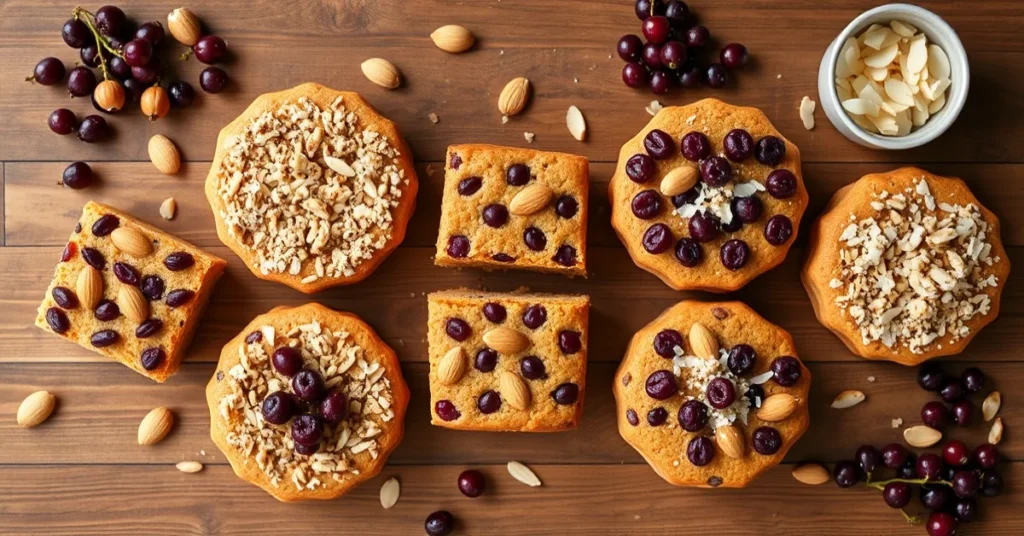 Overhead flat lay of five different homemade currant cakes with nuts and coconut, arranged beautifully on wooden table with f