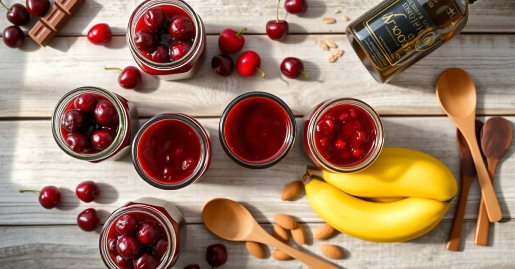 Overhead flat lay of five homemade cherry jam variations in glass jars, cherries, bananas, dark chocolate, amaretto bottle, a