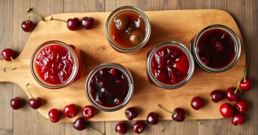 Overhead flat lay of five jars with different homemade cherry jams, rum, kirschwasser, amaretto, whiskey, red wine varieties,
