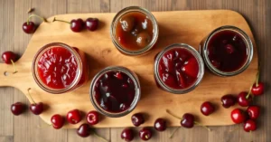 Overhead flat lay of five jars with different homemade cherry jams, rum, kirschwasser, amaretto, whiskey, red wine varieties,