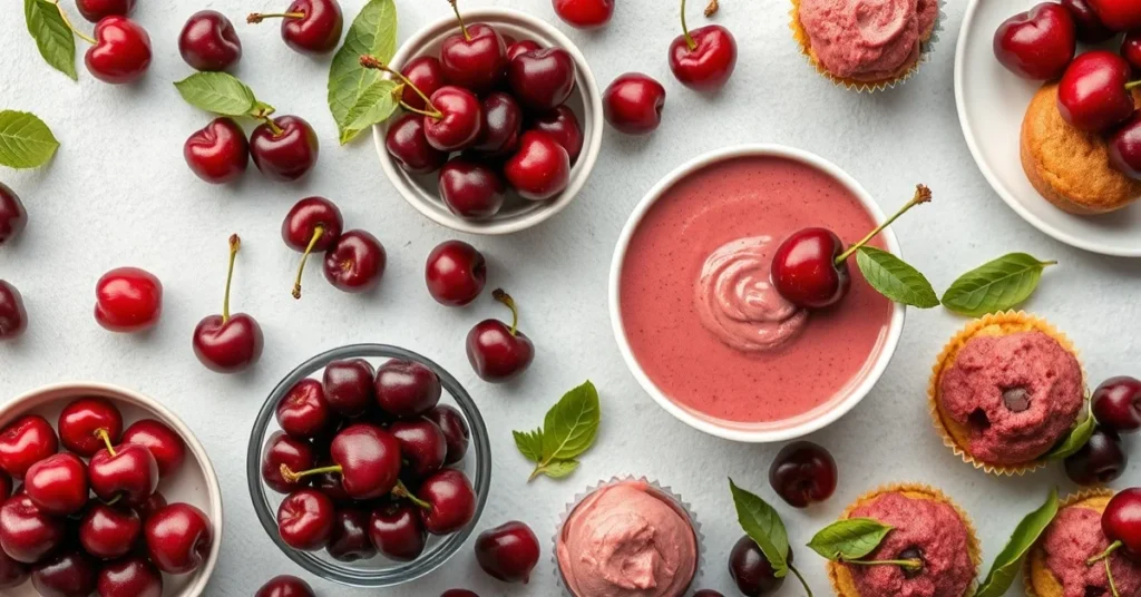 Overhead flat lay of healthy cherry recipes assortment, fresh and frozen cherries, smoothie bowl, muffins, sorbet, natural li