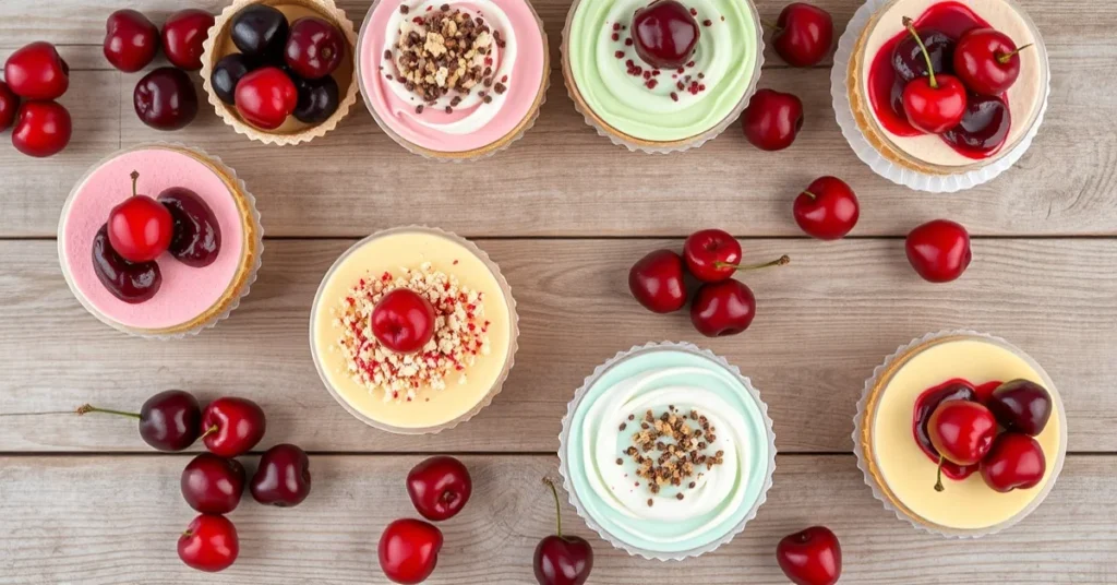 Overhead flat lay of multiple colorful cherry desserts on wooden table, fresh red cherries scattered, summer afternoon light,