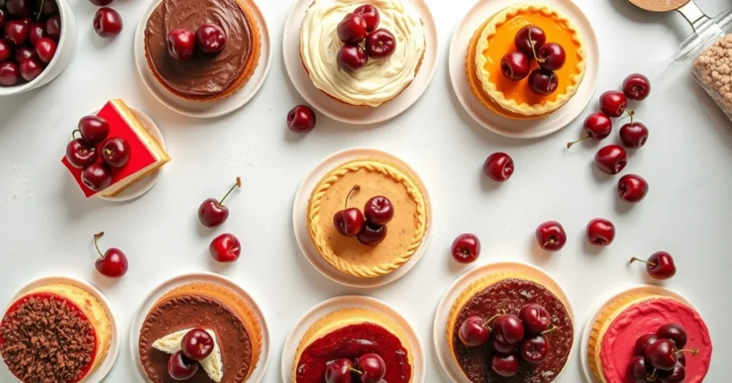 Overhead flat lay of seven cherry desserts and cakes, colorful assortment, fresh cherries scattered, baking ingredients, kitc