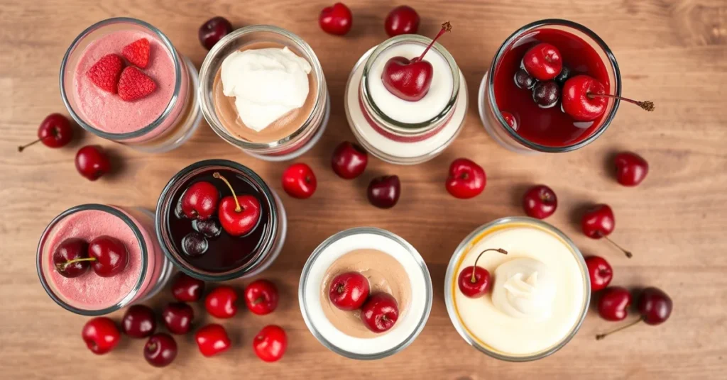 Overhead flat lay of seven cherry desserts in different glasses, colorful mousse, tiramisu, chocolate cream, yogurt parfait,