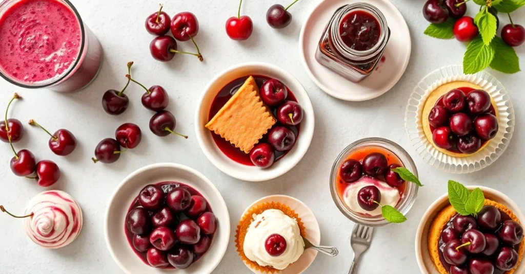 Overhead flat lay of seven cherry recipes with frozen cherries, smoothie bowl, jam jar, cheesecake, ice cream, muffins, cockt