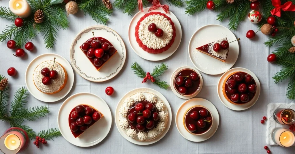 Overhead flat lay of seven festive cherry desserts and cakes arranged beautifully on Christmas table with decorations, evergr