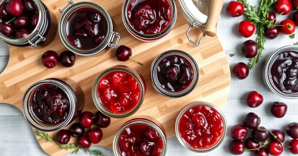 Overhead flat lay of various homemade cherry preserves in glass jars, different textures and colors from marmalade to gelee,