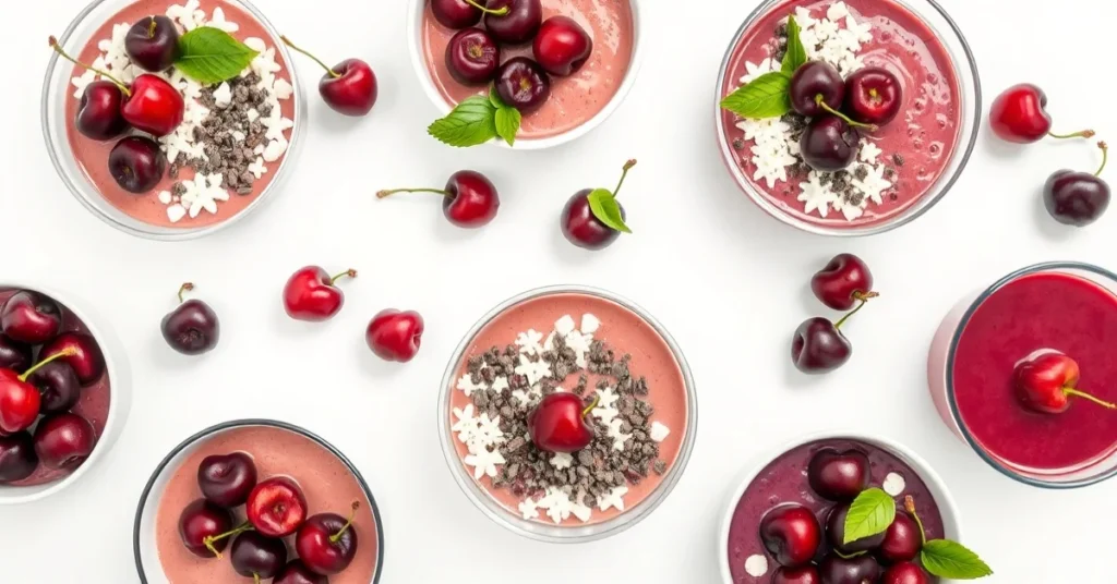 Overhead flatlay of seven healthy cherry breakfast bowls and smoothies arranged on bright white surface, morning food photogr